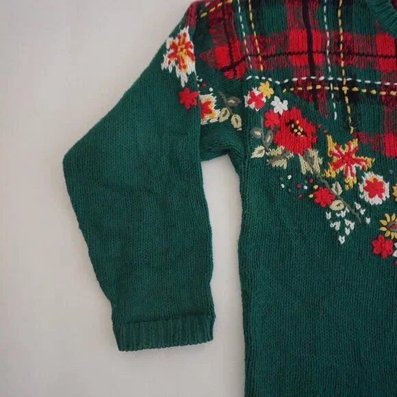 Vintage Pendleton Green Plaid Floral Knit Cotton Preppy Cardigan Grandmacore M - Picture 7 of 10